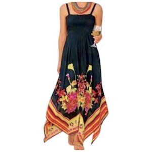 Soft Surroundings Maya Rivera Smocked Maxi Dress Floral Handkerchief Hem Size SP